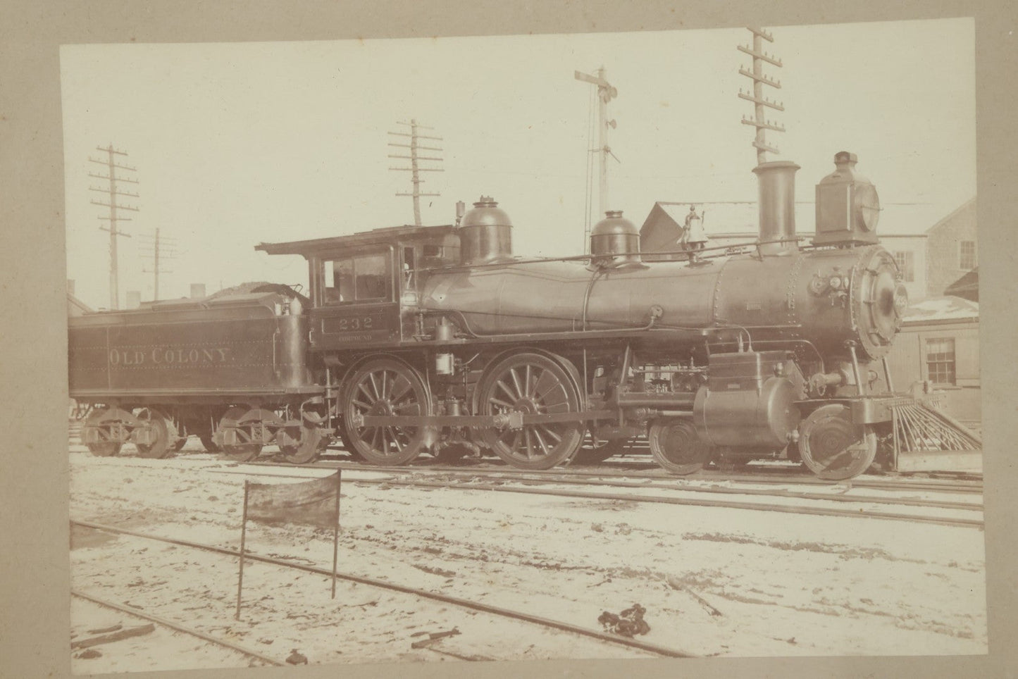 Lot 053 - Antique Boarded Photograph Of Locomotive No. 232, Old Colony Railroad, In Frame,  15-1/4" x 13-1/8"