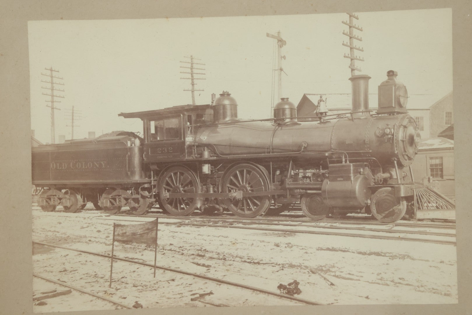 Lot 053 - Antique Boarded Photograph Of Locomotive No. 232, Old Colony Railroad, In Frame,  15-1/4" x 13-1/8"