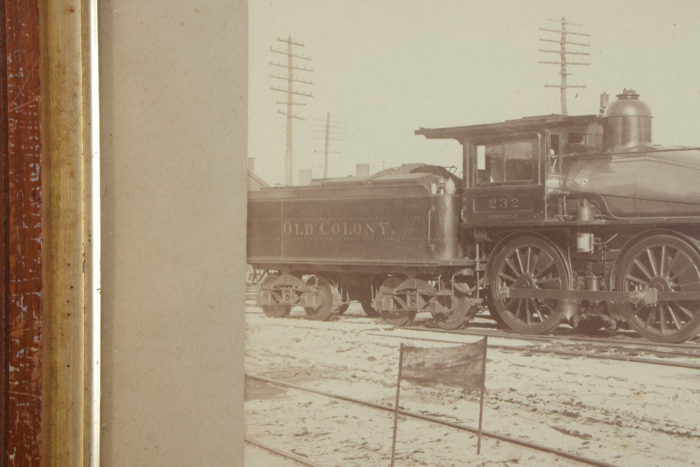 Lot 053 - Antique Boarded Photograph Of Locomotive No. 232, Old Colony Railroad, In Frame,  15-1/4" x 13-1/8"