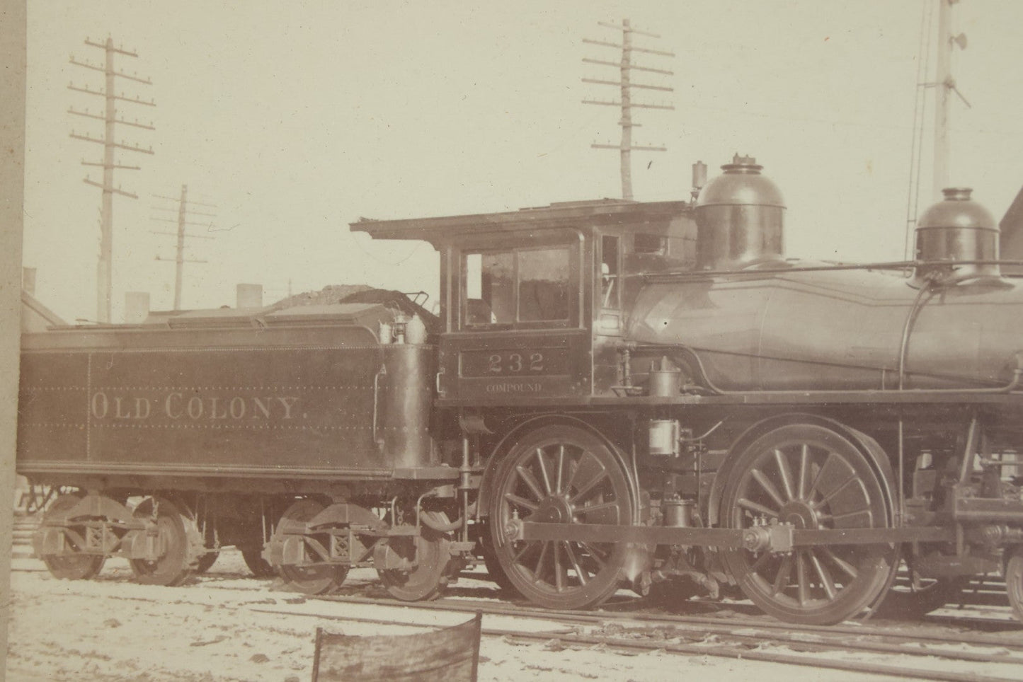 Lot 053 - Antique Boarded Photograph Of Locomotive No. 232, Old Colony Railroad, In Frame,  15-1/4" x 13-1/8"
