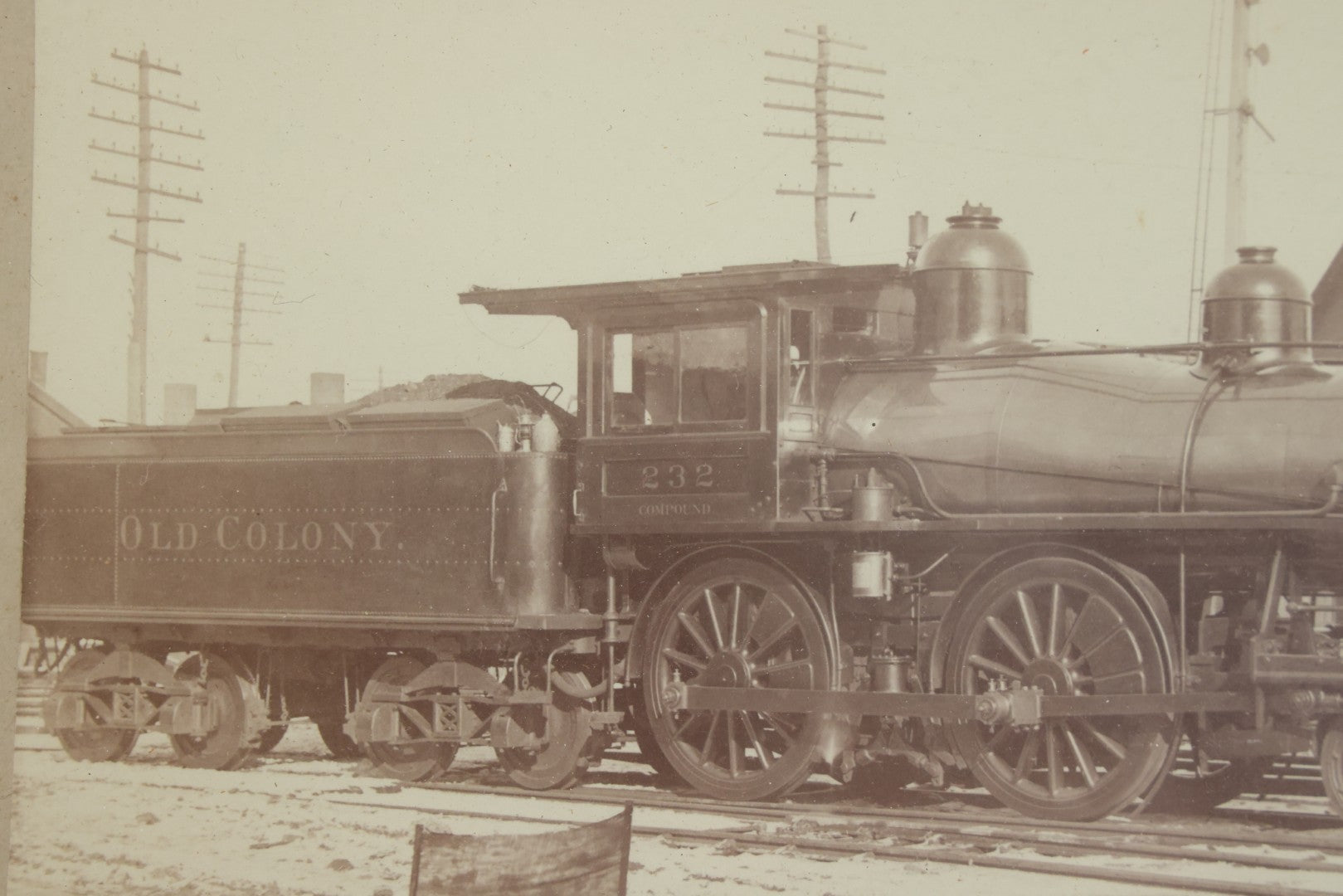 Lot 053 - Antique Boarded Photograph Of Locomotive No. 232, Old Colony Railroad, In Frame,  15-1/4" x 13-1/8"