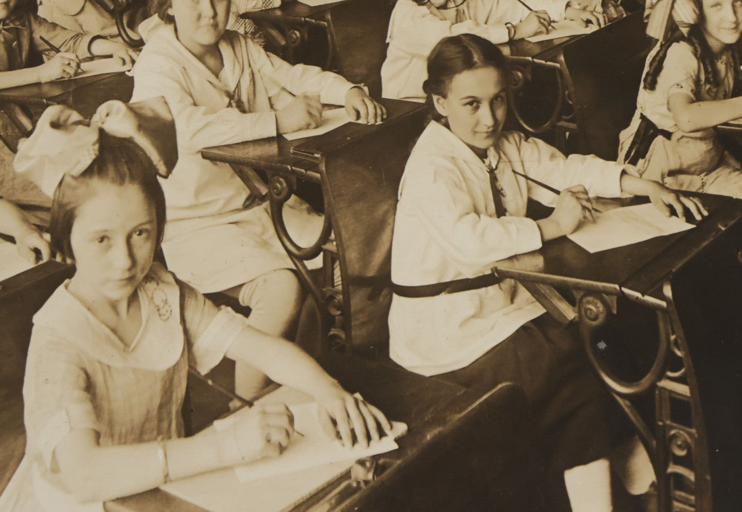 Lot 067 - Antique Boarded Interior Schoolroom Photograph Of Class Of Girls And Their Teacher (6th Grade), April 29, 1921, Partial Identification On Verso