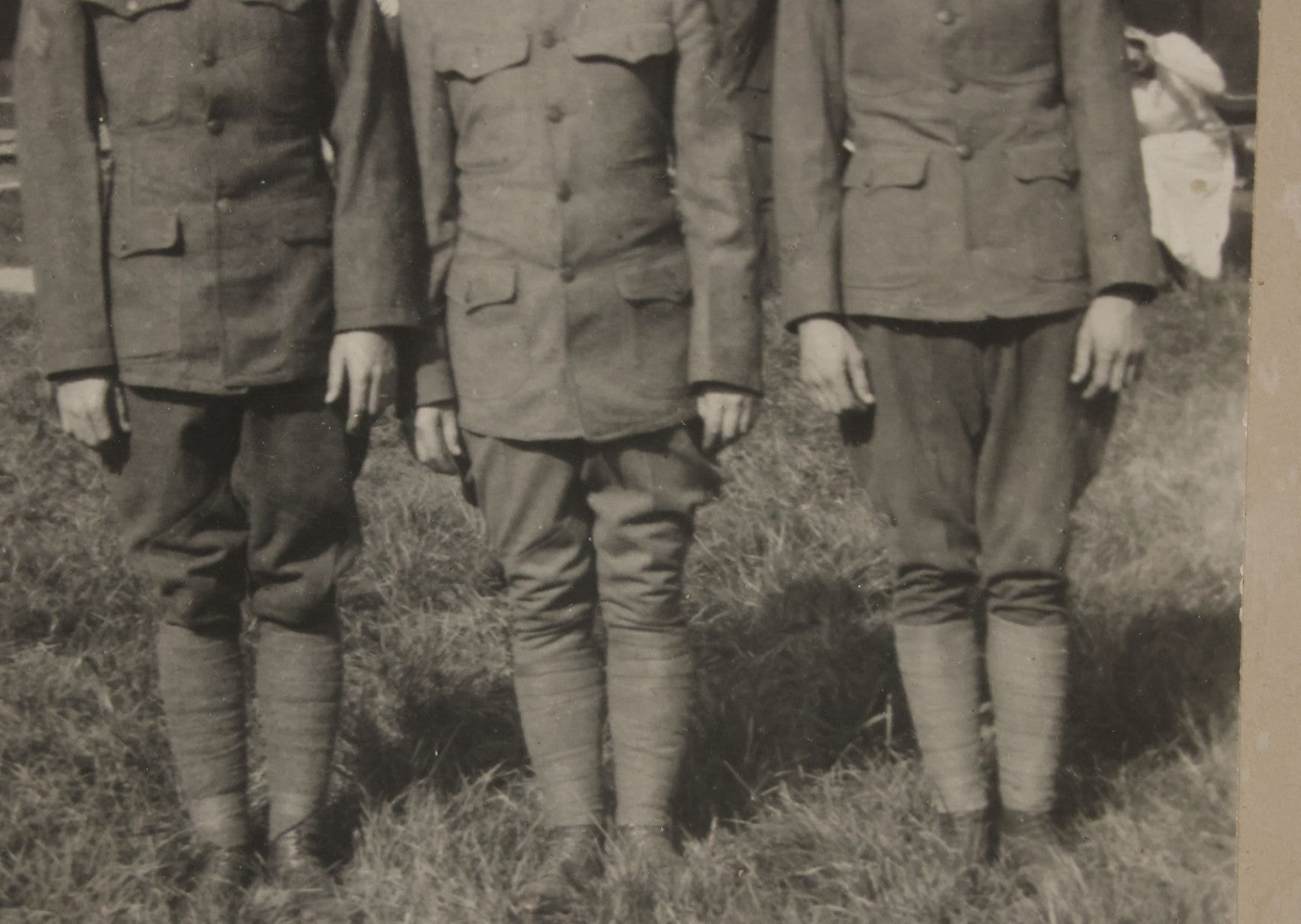 Lot 070 - Antique Boarded Photograph Of Three Smiling Doughboy WWI Soldiers, Likely Returned Home From War, Outside House