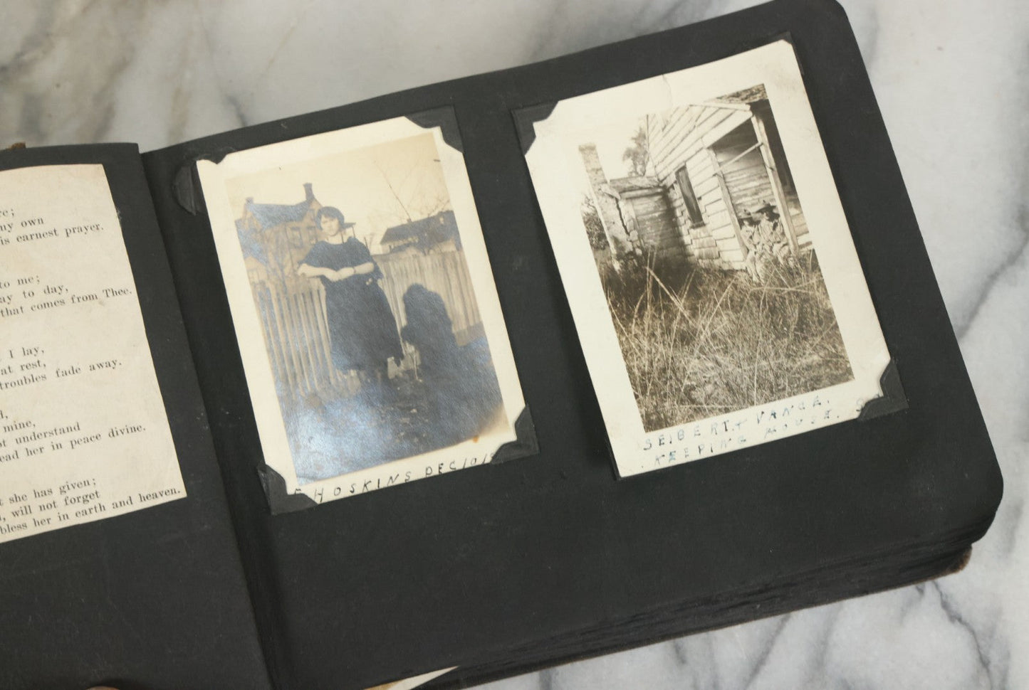 Lot 073 - Antique Snapshot Photo Album And Scrapbook With Black Cover Featuring Many Photos Of Military Men, Dogs, Hunting, Including Boxer Bill Ritchie, Circa 1920s, Belonged To F.D. Vance, Includes Poem Clippings