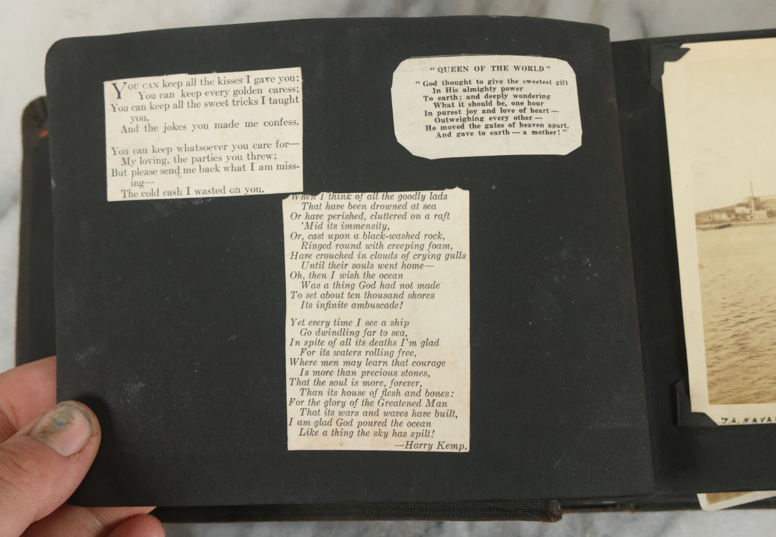 Lot 073 - Antique Snapshot Photo Album And Scrapbook With Black Cover Featuring Many Photos Of Military Men, Dogs, Hunting, Including Boxer Bill Ritchie, Circa 1920s, Belonged To F.D. Vance, Includes Poem Clippings