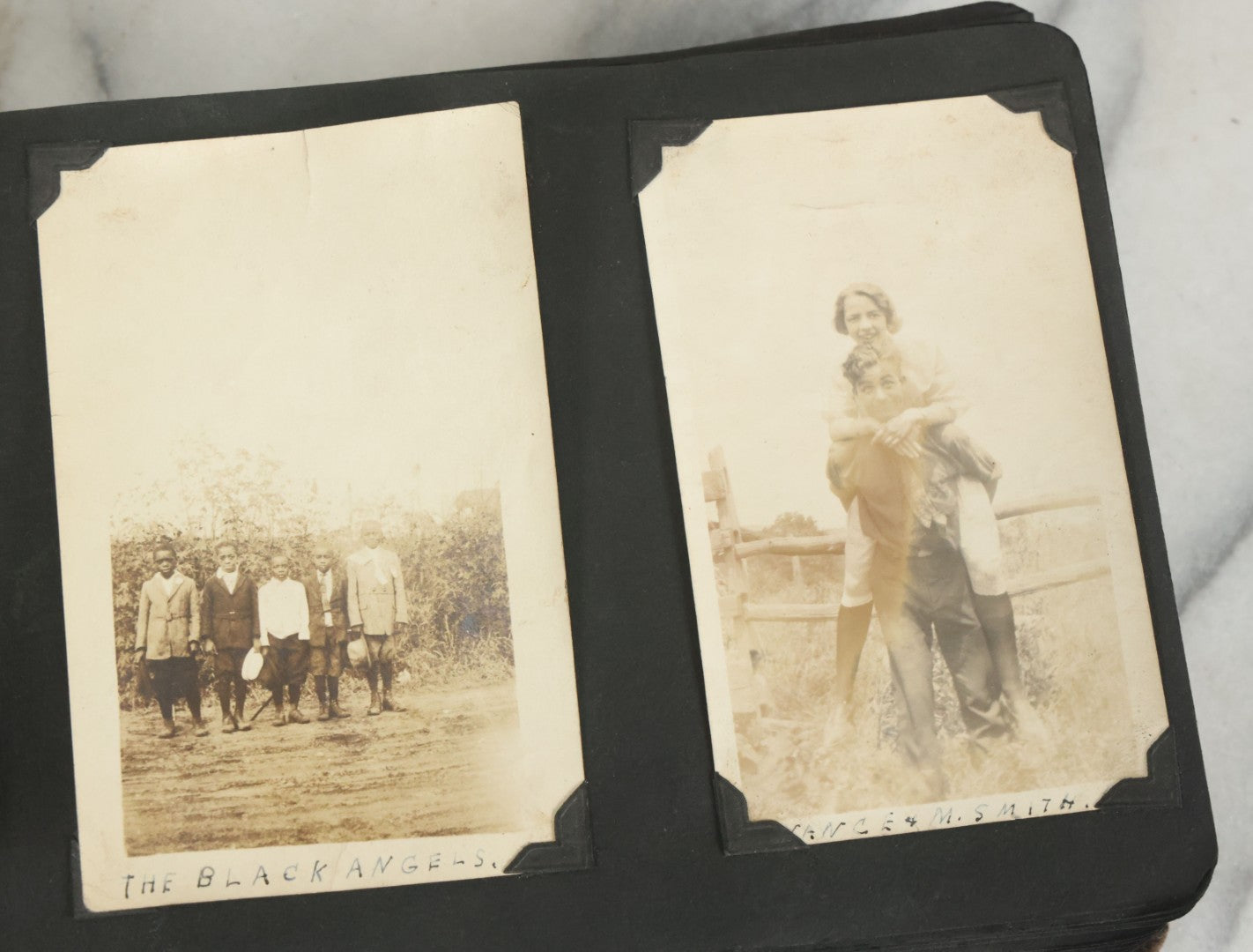 Lot 073 - Antique Snapshot Photo Album And Scrapbook With Black Cover Featuring Many Photos Of Military Men, Dogs, Hunting, Including Boxer Bill Ritchie, Circa 1920s, Belonged To F.D. Vance, Includes Poem Clippings