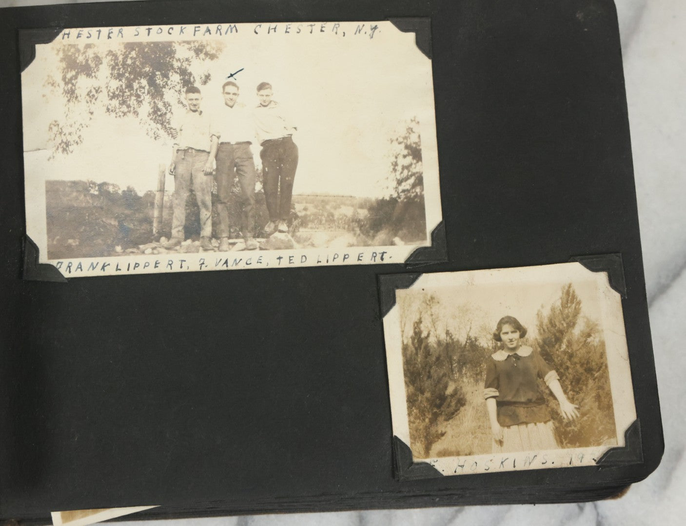 Lot 073 - Antique Snapshot Photo Album And Scrapbook With Black Cover Featuring Many Photos Of Military Men, Dogs, Hunting, Including Boxer Bill Ritchie, Circa 1920s, Belonged To F.D. Vance, Includes Poem Clippings