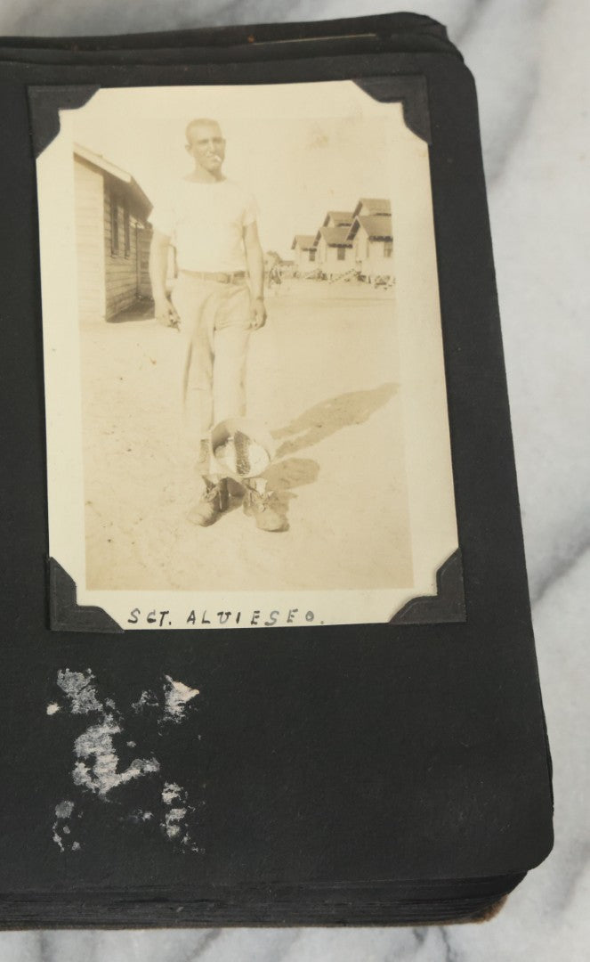 Lot 073 - Antique Snapshot Photo Album And Scrapbook With Black Cover Featuring Many Photos Of Military Men, Dogs, Hunting, Including Boxer Bill Ritchie, Circa 1920s, Belonged To F.D. Vance, Includes Poem Clippings