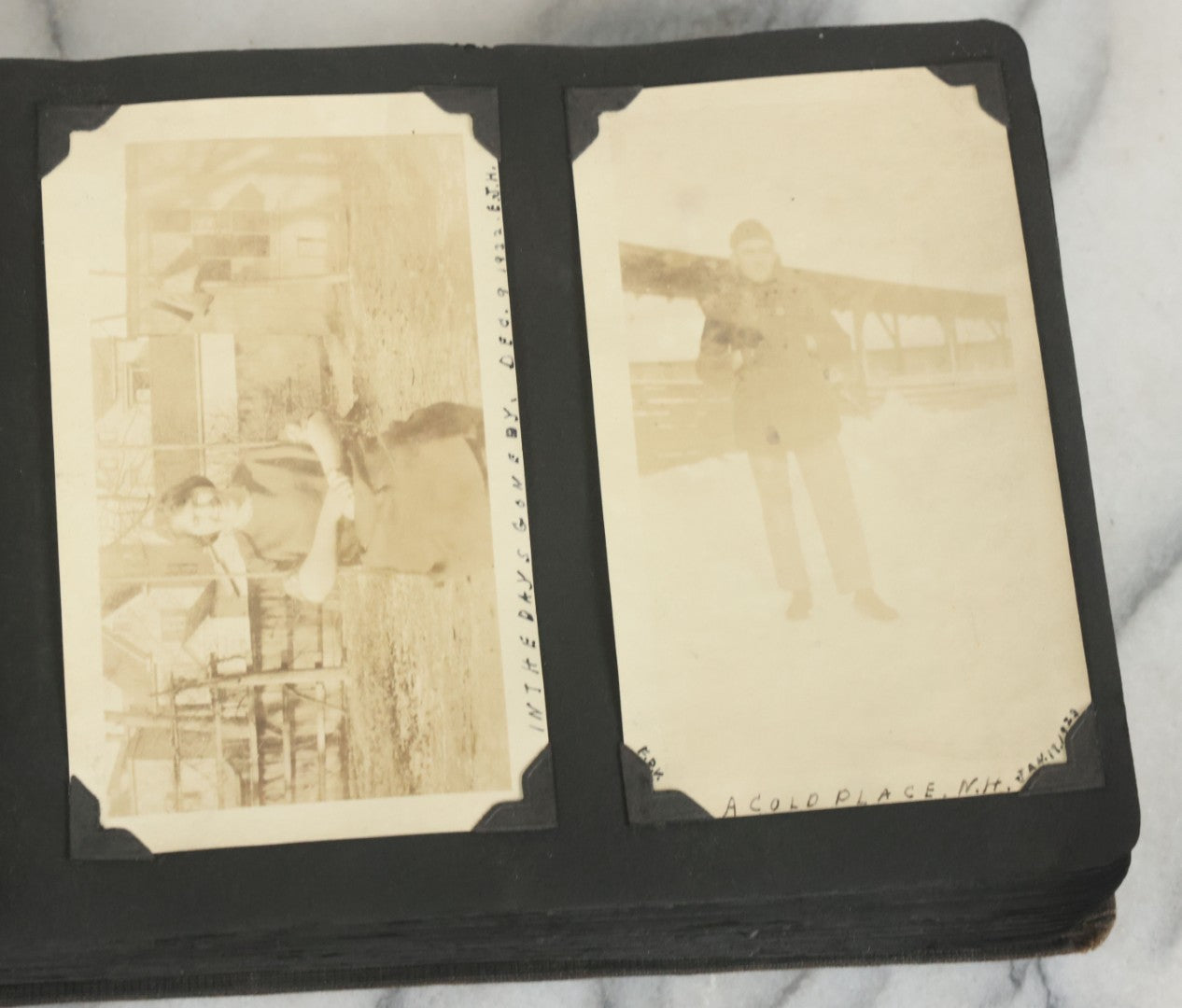 Lot 073 - Antique Snapshot Photo Album And Scrapbook With Black Cover Featuring Many Photos Of Military Men, Dogs, Hunting, Including Boxer Bill Ritchie, Circa 1920s, Belonged To F.D. Vance, Includes Poem Clippings