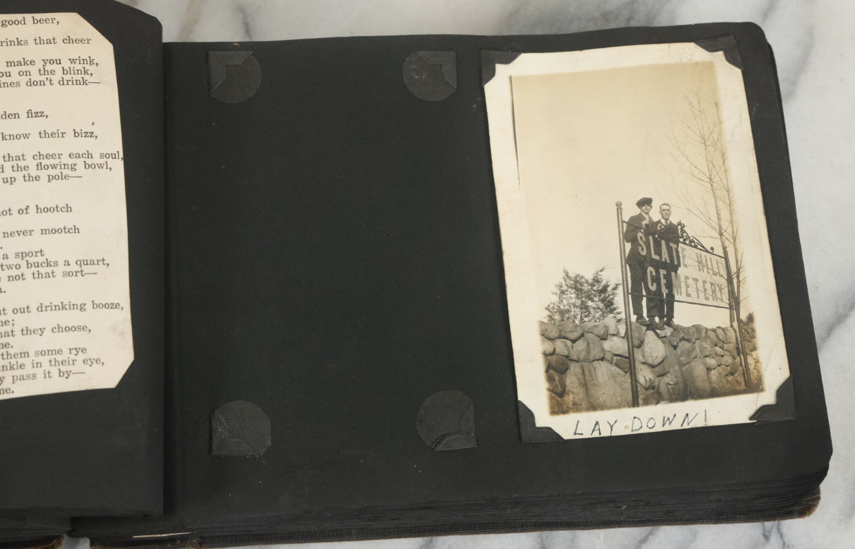 Lot 073 - Antique Snapshot Photo Album And Scrapbook With Black Cover Featuring Many Photos Of Military Men, Dogs, Hunting, Including Boxer Bill Ritchie, Circa 1920s, Belonged To F.D. Vance, Includes Poem Clippings
