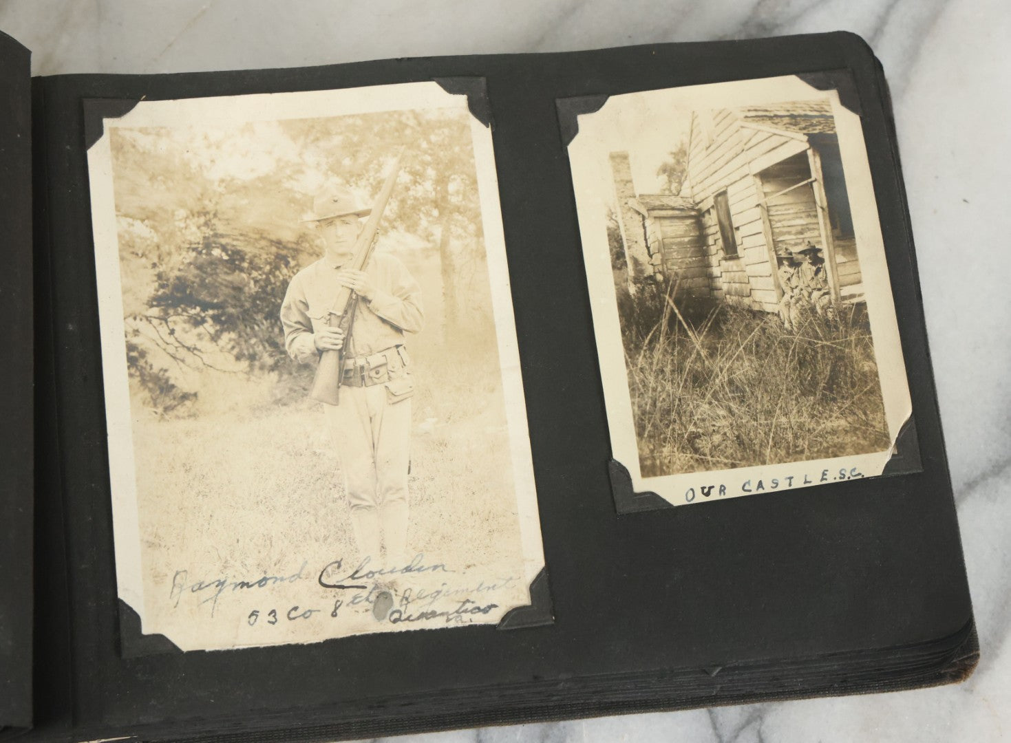 Lot 073 - Antique Snapshot Photo Album And Scrapbook With Black Cover Featuring Many Photos Of Military Men, Dogs, Hunting, Including Boxer Bill Ritchie, Circa 1920s, Belonged To F.D. Vance, Includes Poem Clippings
