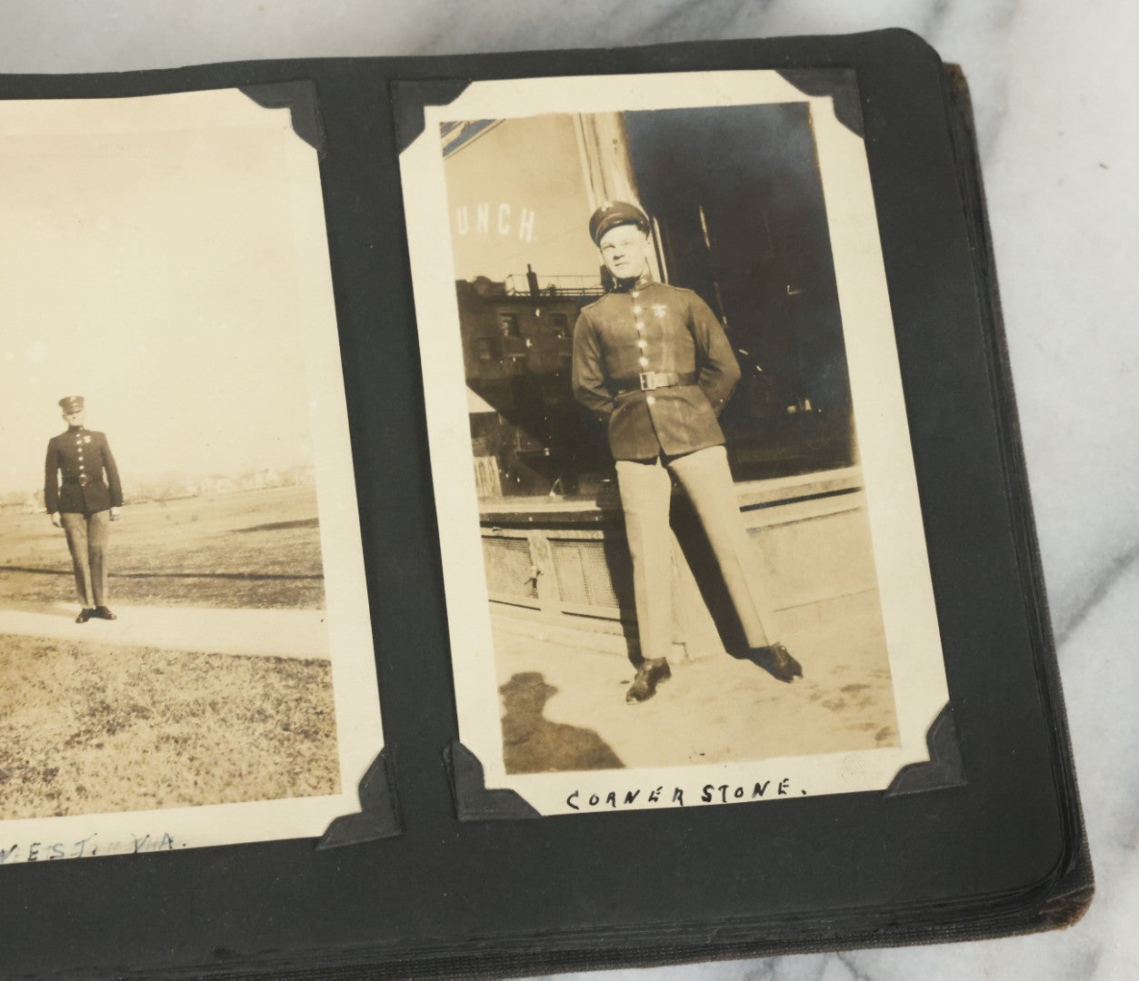 Lot 073 - Antique Snapshot Photo Album And Scrapbook With Black Cover Featuring Many Photos Of Military Men, Dogs, Hunting, Including Boxer Bill Ritchie, Circa 1920s, Belonged To F.D. Vance, Includes Poem Clippings