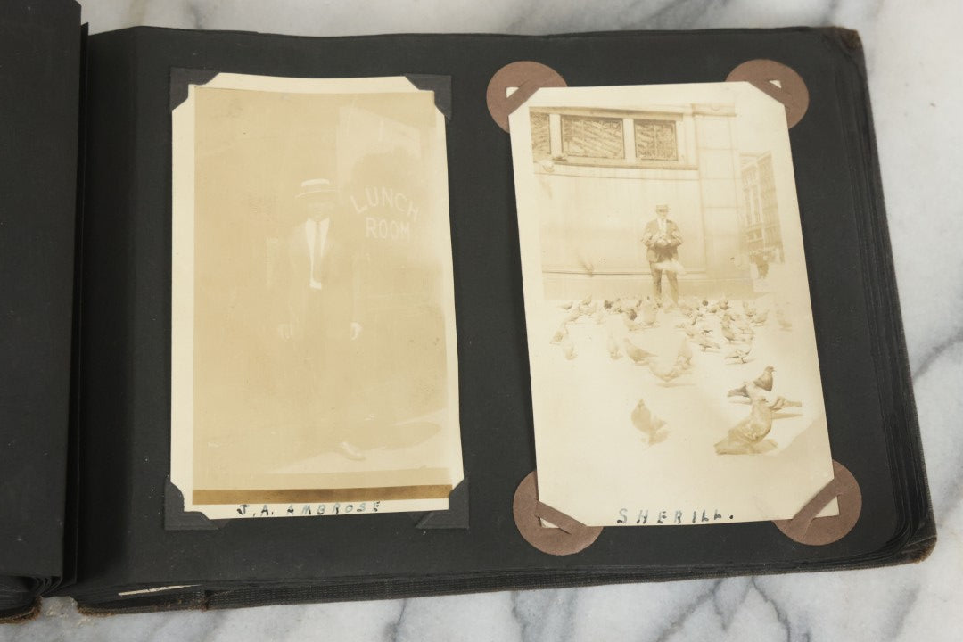 Lot 073 - Antique Snapshot Photo Album And Scrapbook With Black Cover Featuring Many Photos Of Military Men, Dogs, Hunting, Including Boxer Bill Ritchie, Circa 1920s, Belonged To F.D. Vance, Includes Poem Clippings