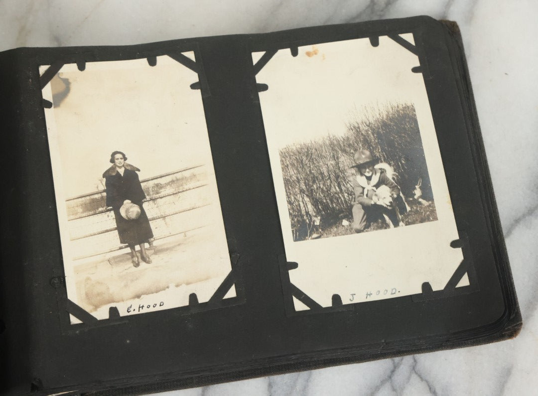Lot 073 - Antique Snapshot Photo Album And Scrapbook With Black Cover Featuring Many Photos Of Military Men, Dogs, Hunting, Including Boxer Bill Ritchie, Circa 1920s, Belonged To F.D. Vance, Includes Poem Clippings