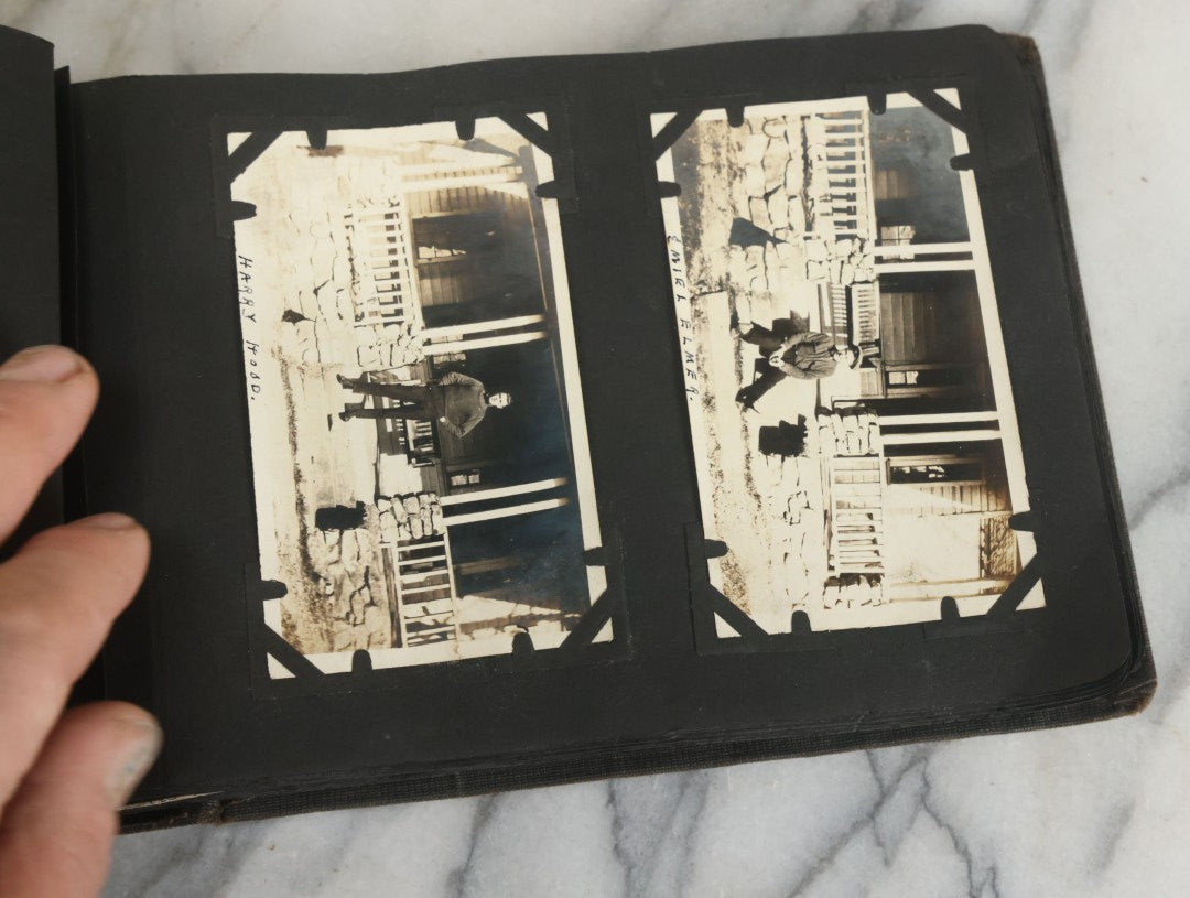 Lot 073 - Antique Snapshot Photo Album And Scrapbook With Black Cover Featuring Many Photos Of Military Men, Dogs, Hunting, Including Boxer Bill Ritchie, Circa 1920s, Belonged To F.D. Vance, Includes Poem Clippings