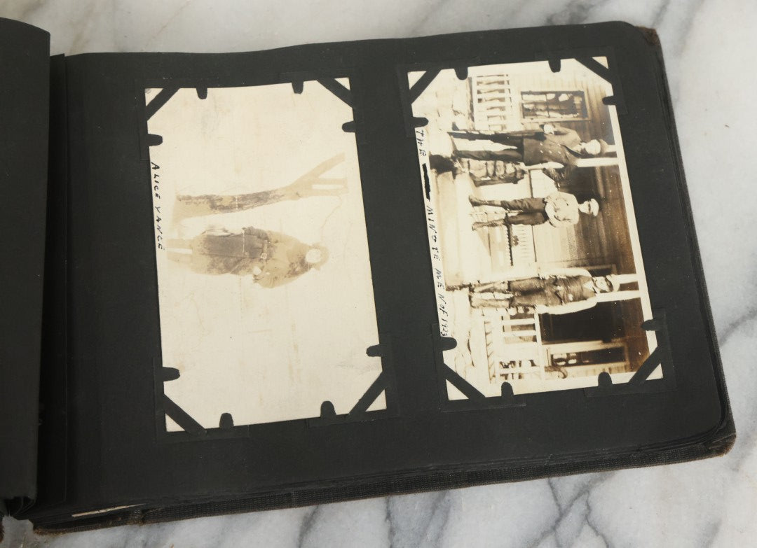 Lot 073 - Antique Snapshot Photo Album And Scrapbook With Black Cover Featuring Many Photos Of Military Men, Dogs, Hunting, Including Boxer Bill Ritchie, Circa 1920s, Belonged To F.D. Vance, Includes Poem Clippings