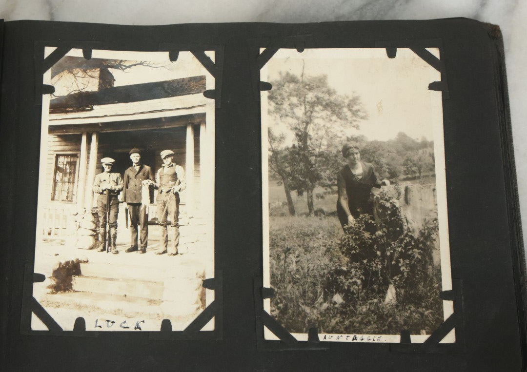 Lot 073 - Antique Snapshot Photo Album And Scrapbook With Black Cover Featuring Many Photos Of Military Men, Dogs, Hunting, Including Boxer Bill Ritchie, Circa 1920s, Belonged To F.D. Vance, Includes Poem Clippings