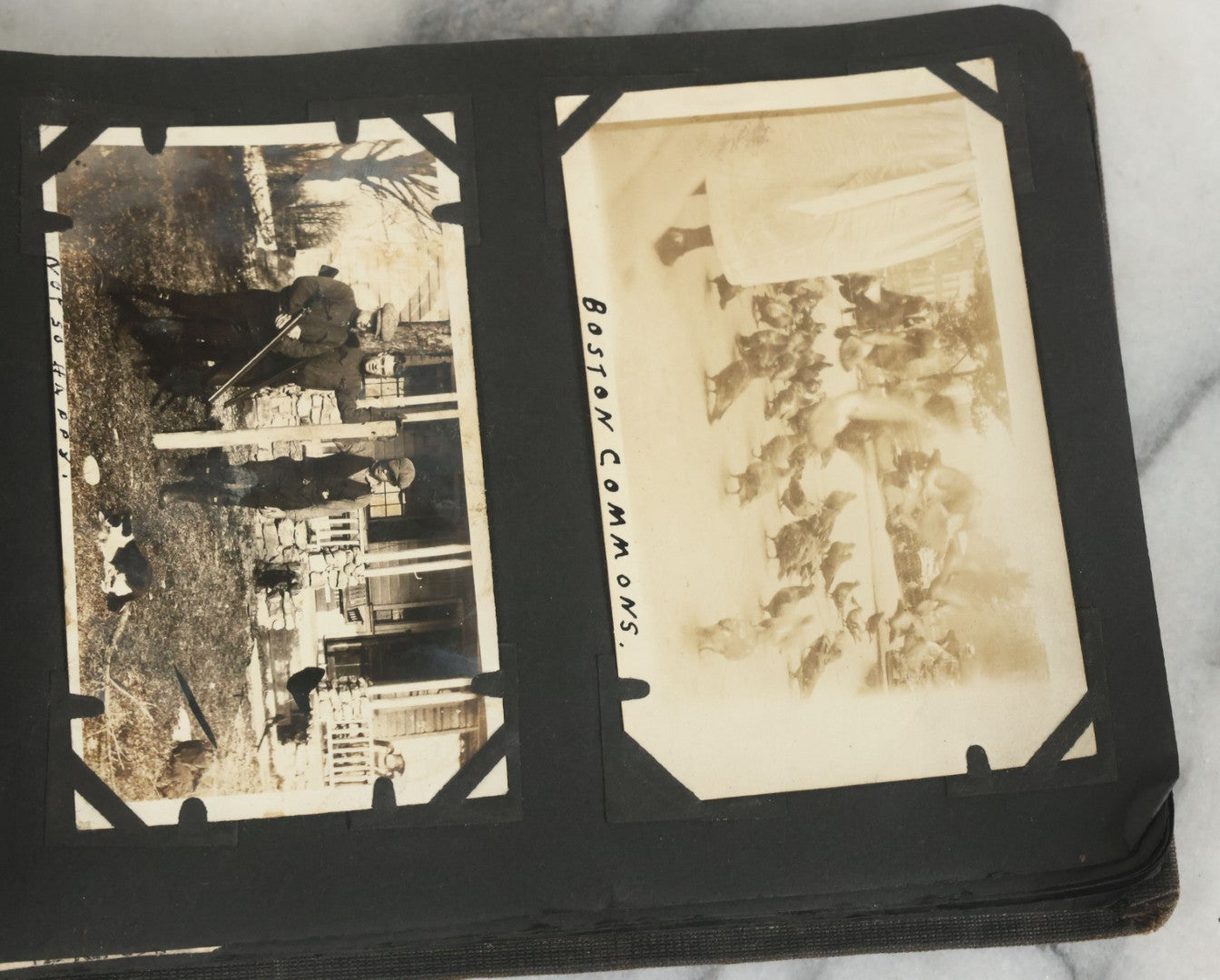 Lot 073 - Antique Snapshot Photo Album And Scrapbook With Black Cover Featuring Many Photos Of Military Men, Dogs, Hunting, Including Boxer Bill Ritchie, Circa 1920s, Belonged To F.D. Vance, Includes Poem Clippings