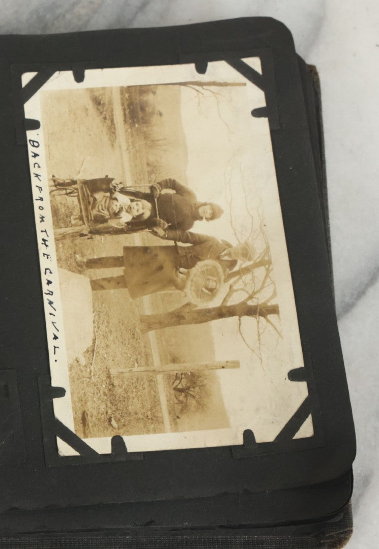 Lot 073 - Antique Snapshot Photo Album And Scrapbook With Black Cover Featuring Many Photos Of Military Men, Dogs, Hunting, Including Boxer Bill Ritchie, Circa 1920s, Belonged To F.D. Vance, Includes Poem Clippings