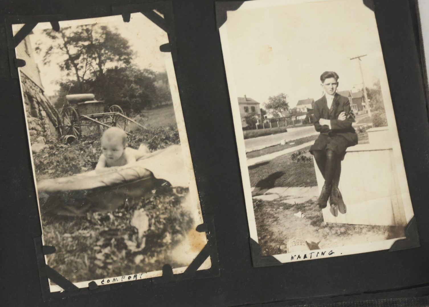 Lot 073 - Antique Snapshot Photo Album And Scrapbook With Black Cover Featuring Many Photos Of Military Men, Dogs, Hunting, Including Boxer Bill Ritchie, Circa 1920s, Belonged To F.D. Vance, Includes Poem Clippings