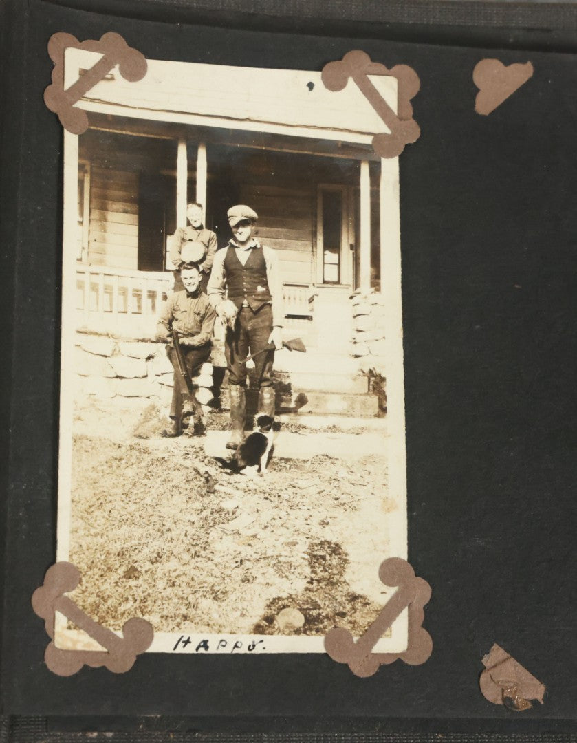 Lot 073 - Antique Snapshot Photo Album And Scrapbook With Black Cover Featuring Many Photos Of Military Men, Dogs, Hunting, Including Boxer Bill Ritchie, Circa 1920s, Belonged To F.D. Vance, Includes Poem Clippings