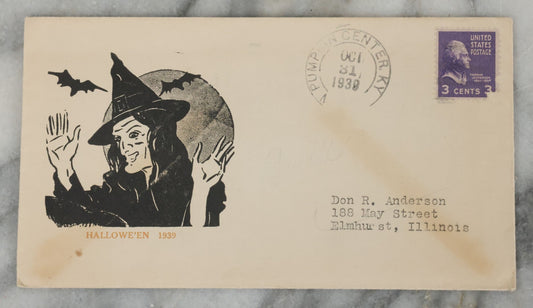 Lot 078 - Vintage Halloween Envelope With Laughing Witch And Flying Bats From Halloween 1939, Postmarked October 31, 1939, With Contents