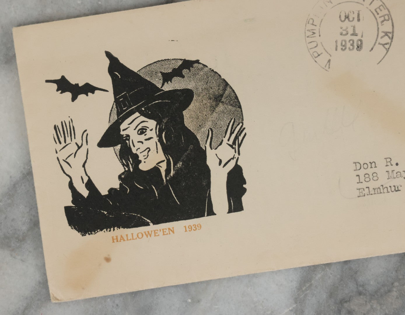 Lot 078 - Vintage Halloween Envelope With Laughing Witch And Flying Bats From Halloween 1939, Postmarked October 31, 1939, With Contents