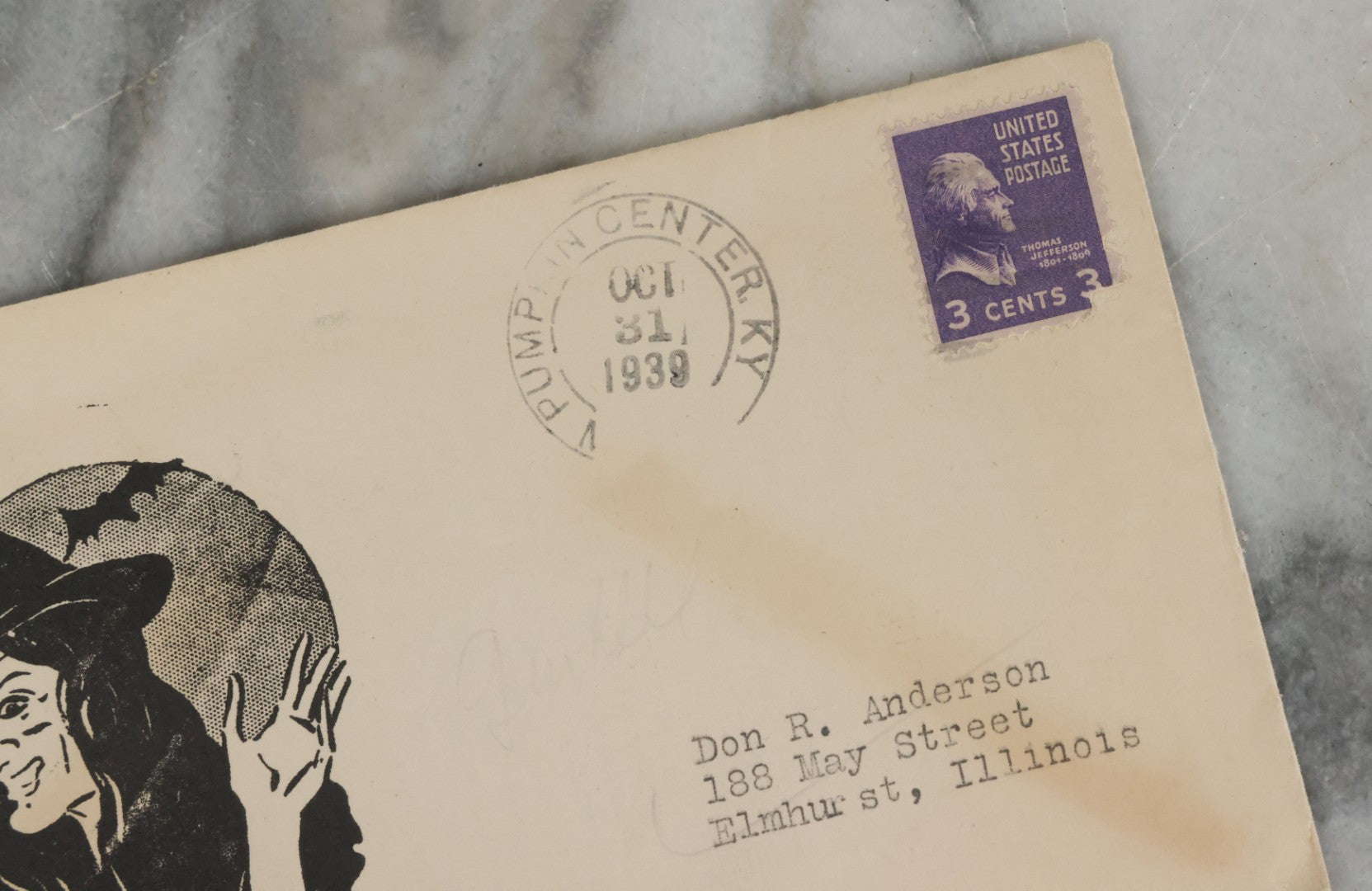 Lot 078 - Vintage Halloween Envelope With Laughing Witch And Flying Bats From Halloween 1939, Postmarked October 31, 1939, With Contents