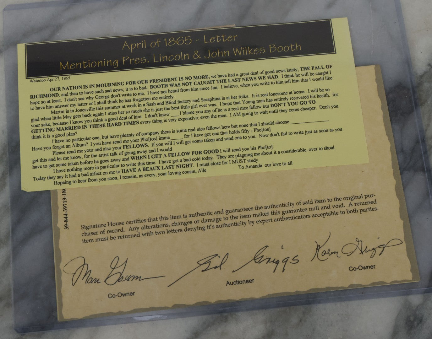 Lot 081 - Antique Handwritten Letter Dated April 26, 1865, Waterloo, New York, Mentioning The Assassination Of President Abraham Lincoln By John Wilkes Booth, With C.O.A. And Transcription, Note Loss To Upper Portion Of Paper, Includes Envelope