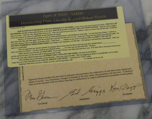Lot 081 - Antique Handwritten Letter Dated April 26, 1865, Waterloo, New York, Mentioning The Assassination Of President Abraham Lincoln By John Wilkes Booth, With C.O.A. And Transcription, Note Loss To Upper Portion Of Paper, Includes Envelope