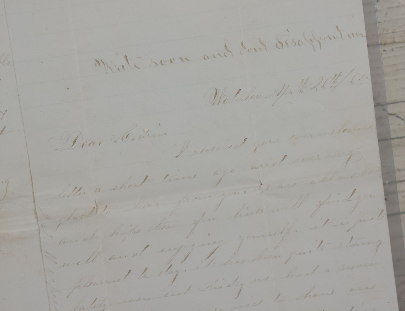 Lot 081 - Antique Handwritten Letter Dated April 26, 1865, Waterloo, New York, Mentioning The Assassination Of President Abraham Lincoln By John Wilkes Booth, With C.O.A. And Transcription, Note Loss To Upper Portion Of Paper, Includes Envelope