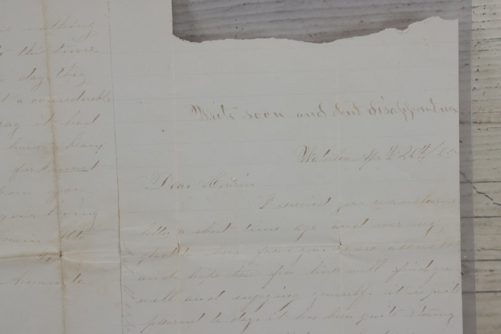 Lot 081 - Antique Handwritten Letter Dated April 26, 1865, Waterloo, New York, Mentioning The Assassination Of President Abraham Lincoln By John Wilkes Booth, With C.O.A. And Transcription, Note Loss To Upper Portion Of Paper, Includes Envelope
