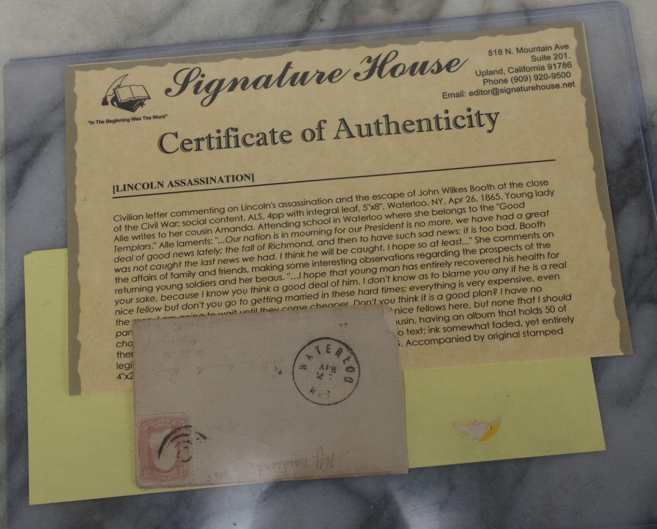 Lot 081 - Antique Handwritten Letter Dated April 26, 1865, Waterloo, New York, Mentioning The Assassination Of President Abraham Lincoln By John Wilkes Booth, With C.O.A. And Transcription, Note Loss To Upper Portion Of Paper, Includes Envelope