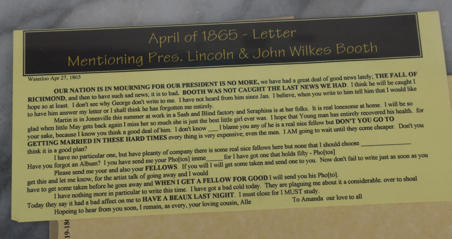 Lot 081 - Antique Handwritten Letter Dated April 26, 1865, Waterloo, New York, Mentioning The Assassination Of President Abraham Lincoln By John Wilkes Booth, With C.O.A. And Transcription, Note Loss To Upper Portion Of Paper, Includes Envelope