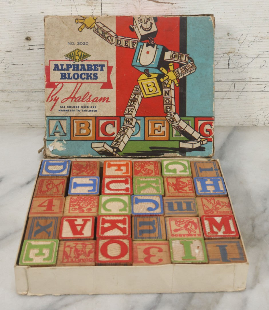 Lot 085 - Vintage Wooden Alphabet Blocks By Halsam, No. 3020, Complete Set In Original Box With Robot On Cover