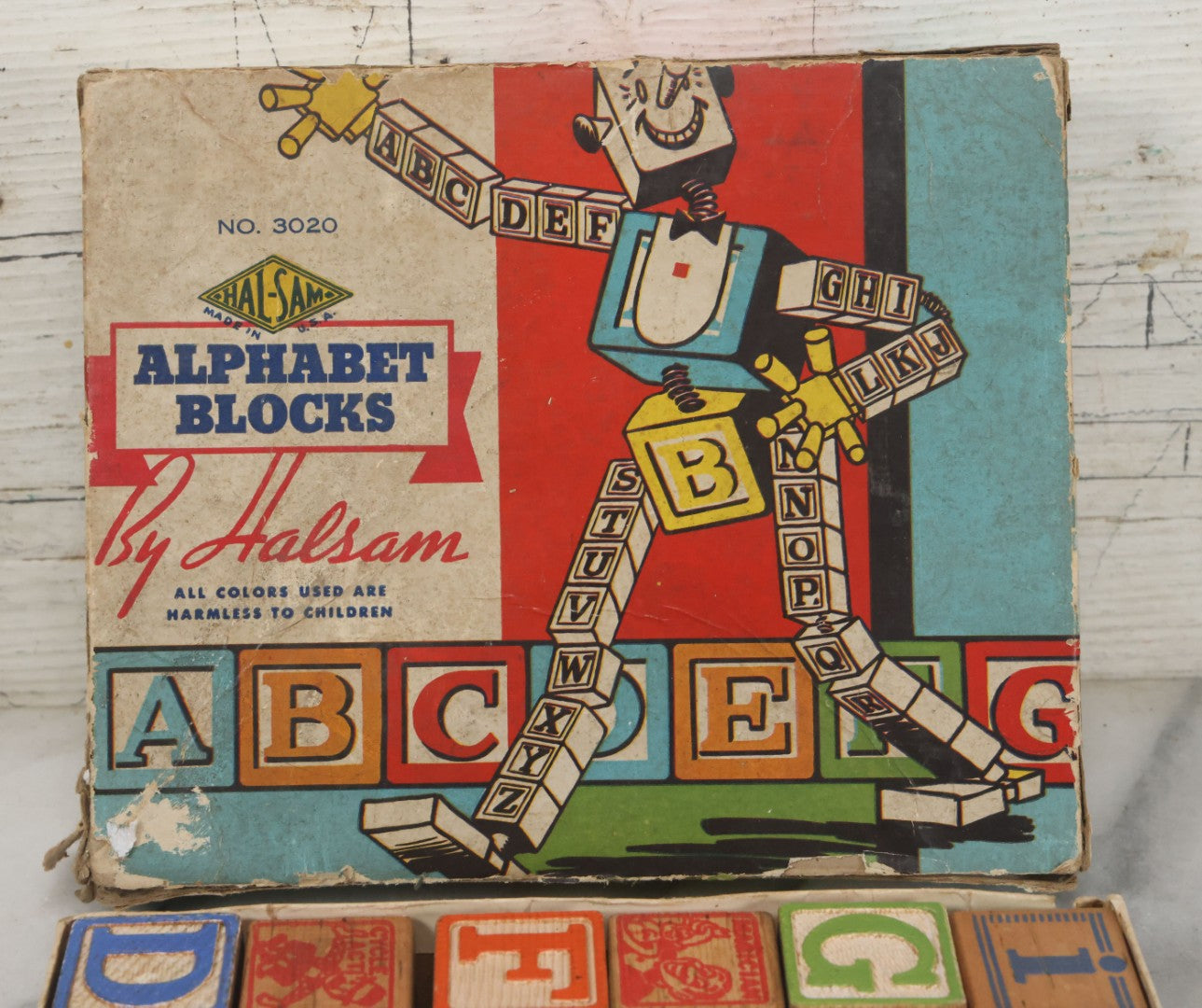 Lot 085 - Vintage Wooden Alphabet Blocks By Halsam, No. 3020, Complete Set In Original Box With Robot On Cover