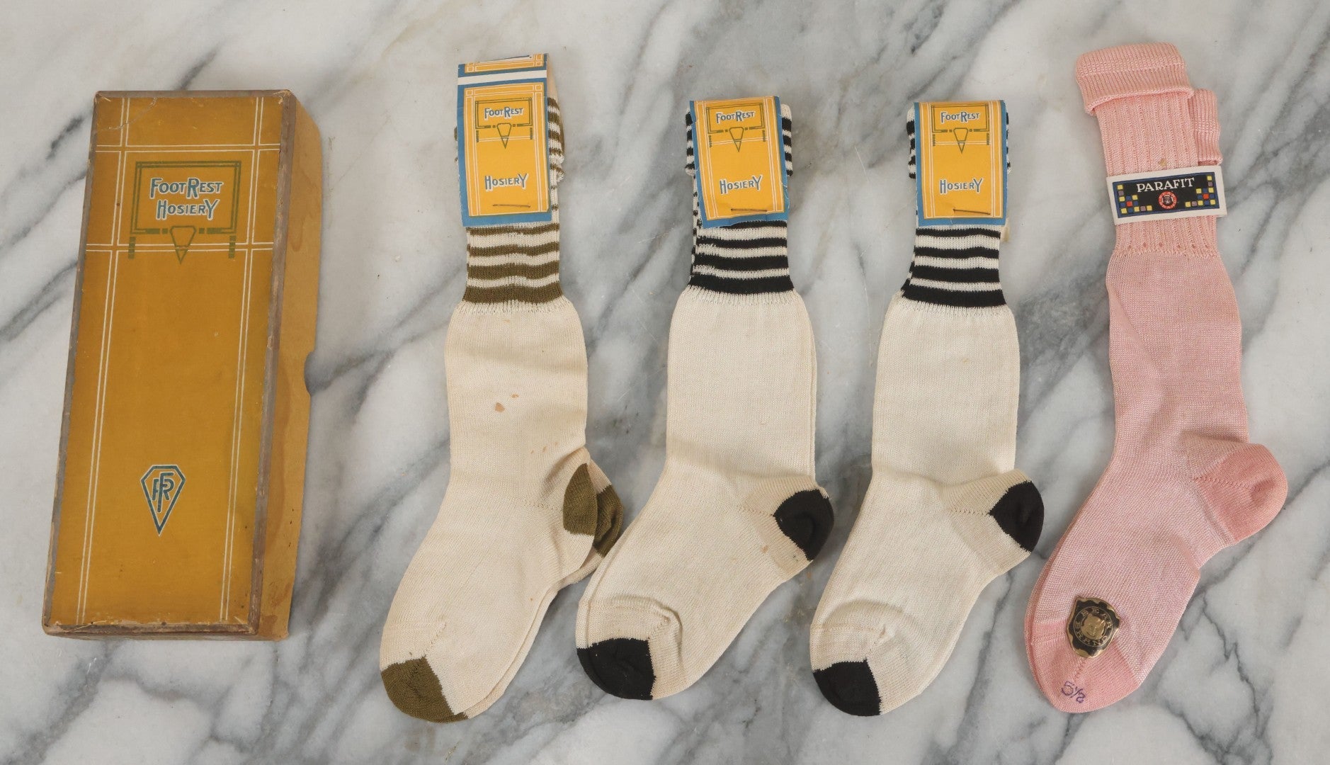 Lot 086 - Vintage Box Lot Grouping Of New Old Stock N.O.S. Hosiery (Socks) By Foot Rest Brand In Advertising Box, Also With Bear Brand Pair Of Socks (4 Pairs Total)