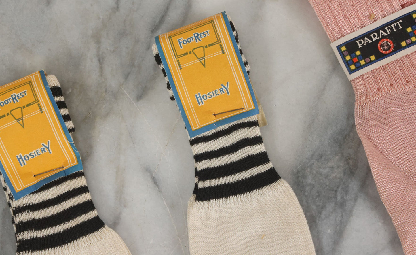 Lot 086 - Vintage Box Lot Grouping Of New Old Stock N.O.S. Hosiery (Socks) By Foot Rest Brand In Advertising Box, Also With Bear Brand Pair Of Socks (4 Pairs Total)