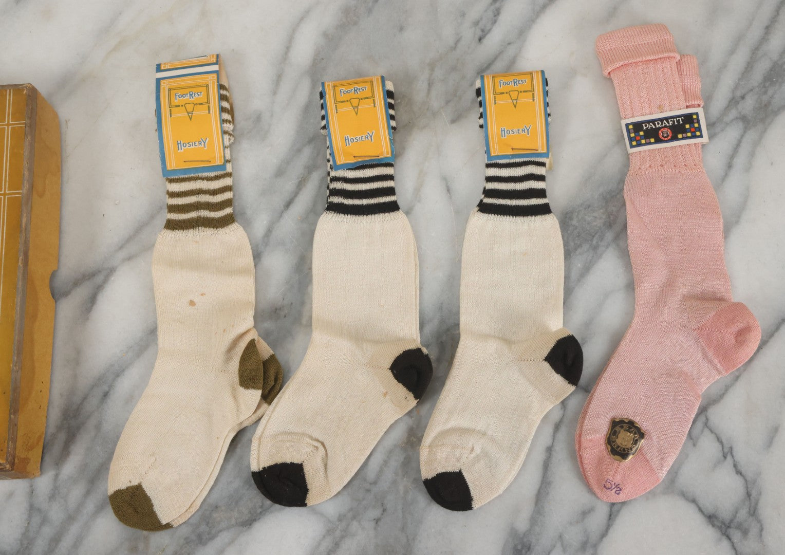 Lot 086 - Vintage Box Lot Grouping Of New Old Stock N.O.S. Hosiery (Socks) By Foot Rest Brand In Advertising Box, Also With Bear Brand Pair Of Socks (4 Pairs Total)
