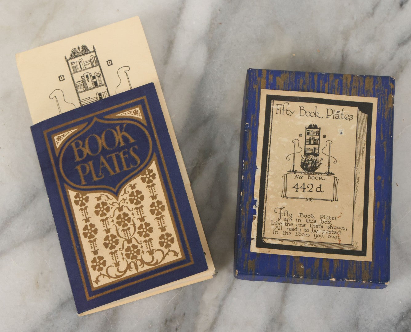 Lot 087 - Vintage New Old Stock N.O.S. Box Of Approximately 50 Book Plates With Bookshelf Candle And Ship Illustration In Original Packaging