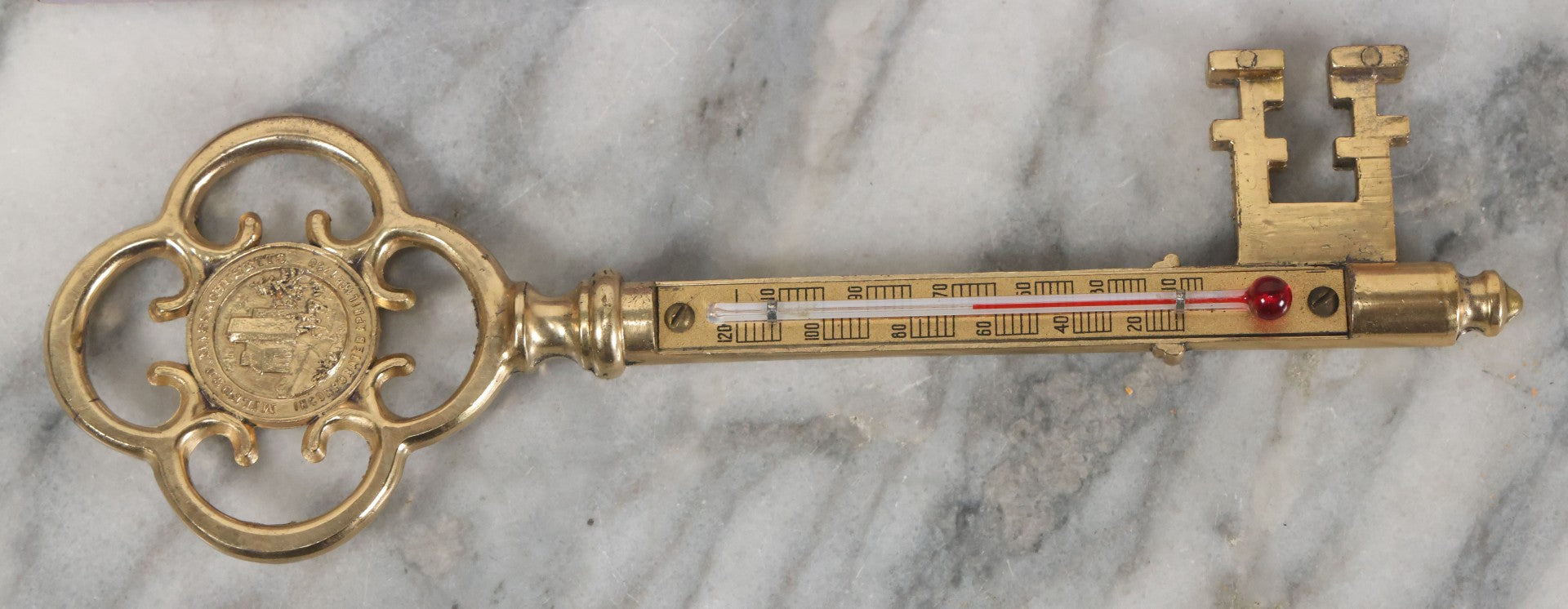 Lot 088 - Antique Brass Thermometer Key Souvenir, Key To Milford Massachusetts, Distributed By Cahills News Agency, Manufactured By Rudolph Toy & Novelty Co., Philadelphia, 24K Gold Plated, In Original Box