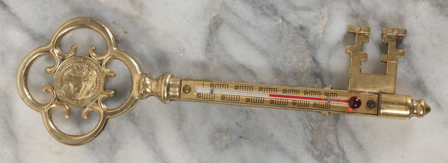 Lot 088 - Antique Brass Thermometer Key Souvenir, Key To Milford Massachusetts, Distributed By Cahills News Agency, Manufactured By Rudolph Toy & Novelty Co., Philadelphia, 24K Gold Plated, In Original Box