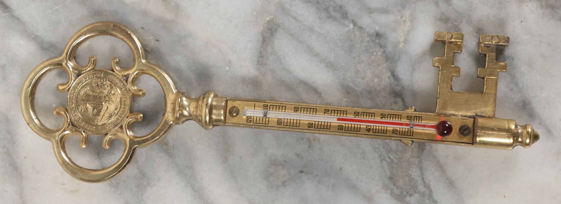 Lot 088 - Antique Brass Thermometer Key Souvenir, Key To Milford Massachusetts, Distributed By Cahills News Agency, Manufactured By Rudolph Toy & Novelty Co., Philadelphia, 24K Gold Plated, In Original Box