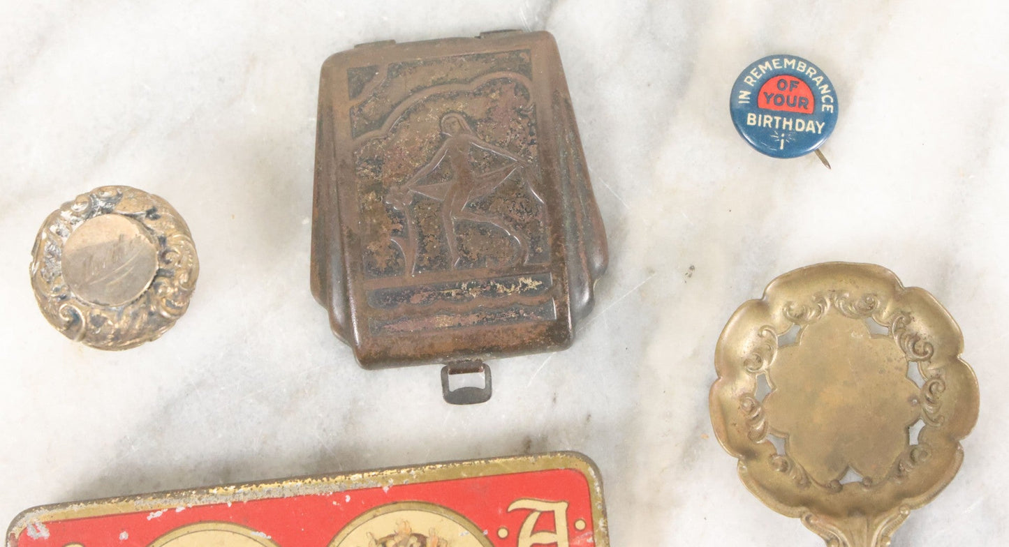 Lot 093 - Antique 5 Item Metals Grouping Including "Mother" Perfume Bottle Top, King Edward Vii & Queen Alexandra Commemorative Tin, Nude Woman Art Deco Fragment, First Birthday Pin, And Teaspoon