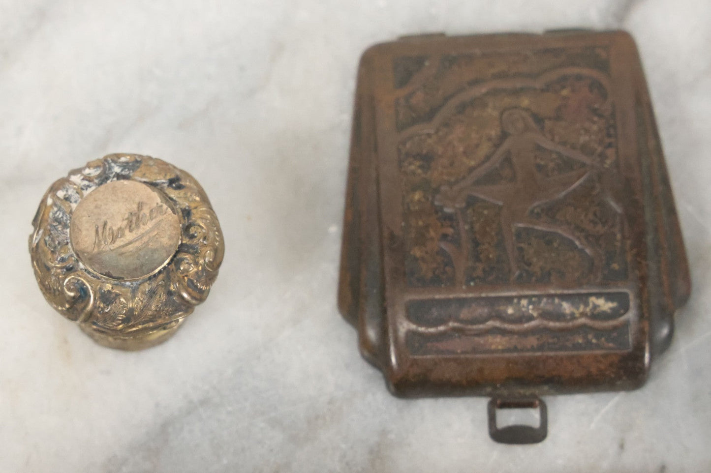 Lot 093 - Antique 5 Item Metals Grouping Including "Mother" Perfume Bottle Top, King Edward Vii & Queen Alexandra Commemorative Tin, Nude Woman Art Deco Fragment, First Birthday Pin, And Teaspoon