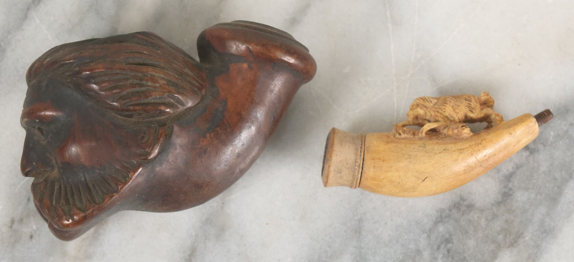 Lot 094 - Pair Of Vintage Carved Pipes With No Stems, Including Dog And Man With Mutton Chops