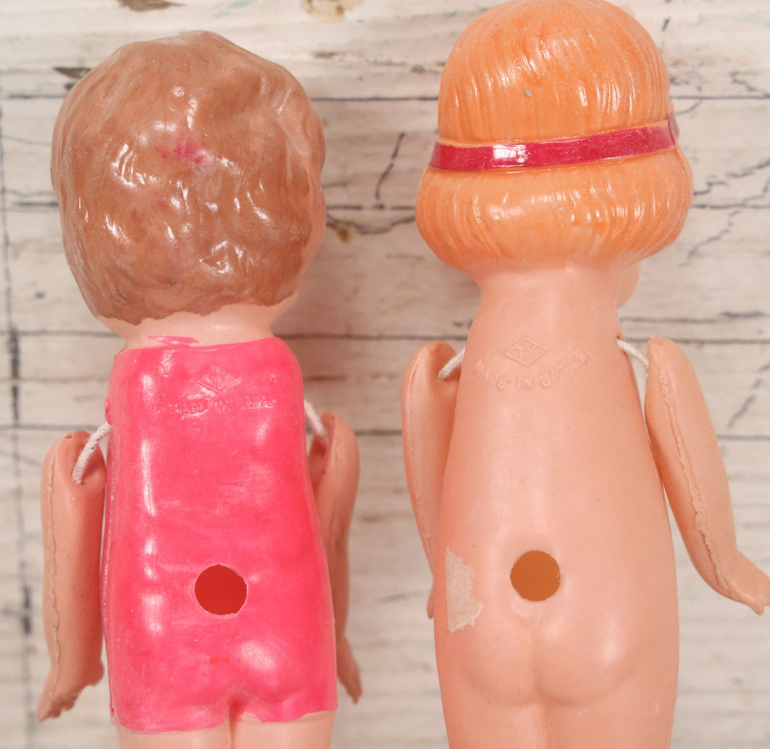 Lot 096 - Pair Of Vintage Celluloid Flapper Dolls, Made In Japan, One With Pink Headband And One With Pink Swimsuit