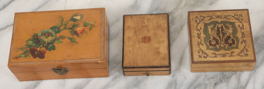 Lot 100 - Grouping Of 3 Vintage And Antique Wooden Keepsake Boxes Including Inlaid Box With Dragons Pocket Watch Box And Box With Flower Decal