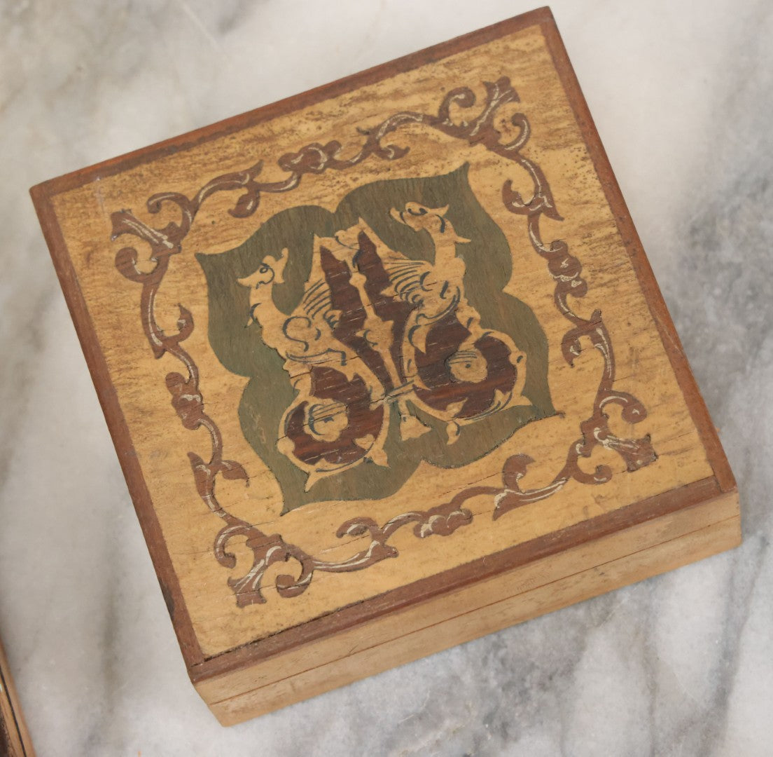 Lot 100 - Grouping Of 3 Vintage And Antique Wooden Keepsake Boxes Including Inlaid Box With Dragons Pocket Watch Box And Box With Flower Decal