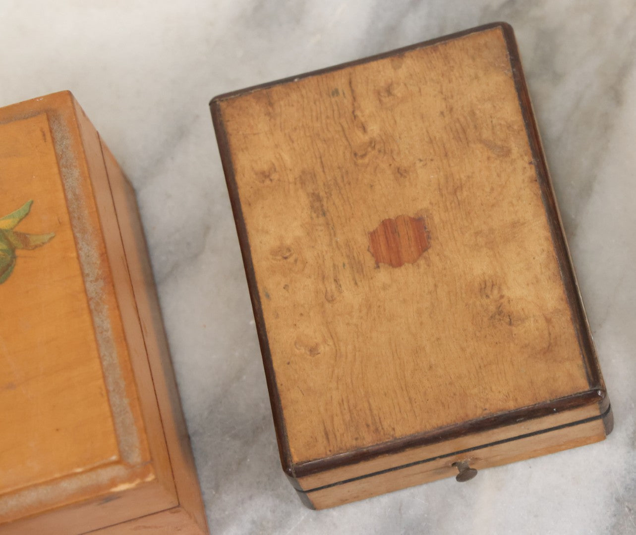 Lot 100 - Grouping Of 3 Vintage And Antique Wooden Keepsake Boxes Including Inlaid Box With Dragons Pocket Watch Box And Box With Flower Decal